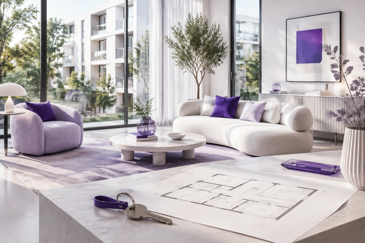 Apartament luminos, cu cheie și planul locuinței pe consola din față, ilustrat pentru RevenCall.