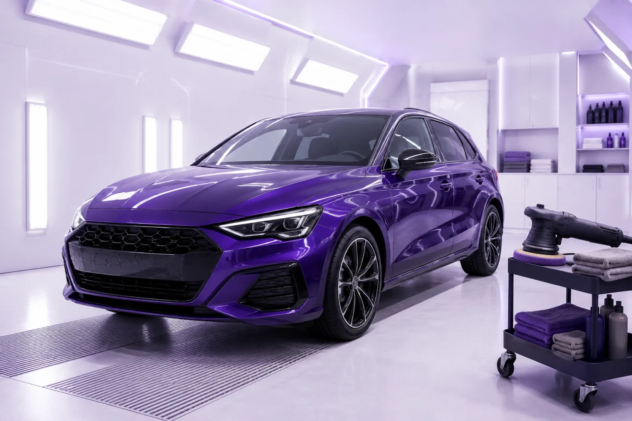 Mașină violet într-un atelier luminos, alături de ustensile de detailing, ilustrată pentru RevenCall.