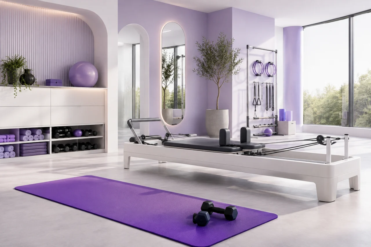 Studio luminos de fitness și Pilates, cu saltea violet și gantere, ilustrat pentru RevenCall.
