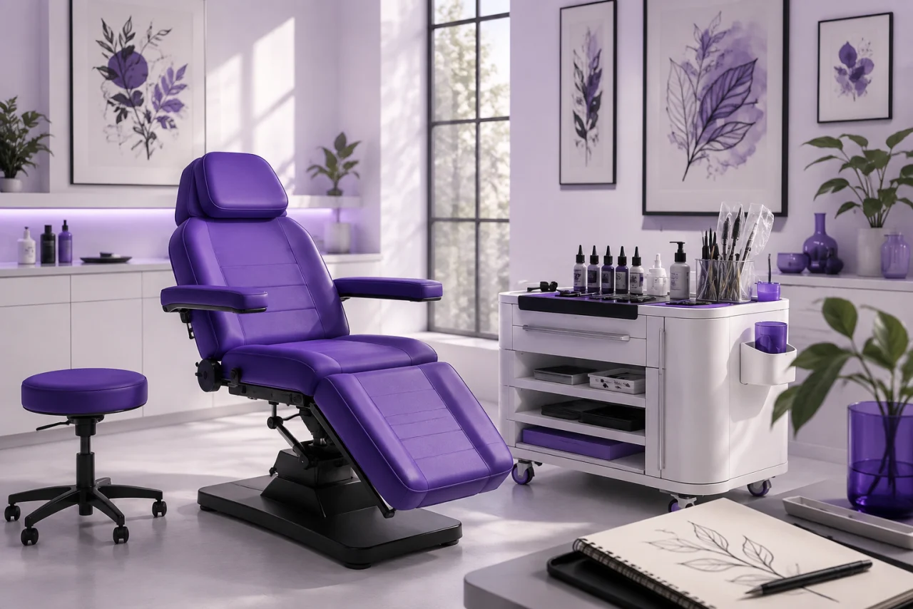 Studio de tatuaje cu fotoliu violet, echipament pregătit și schițe botanice, ilustrat pentru RevenCall.
